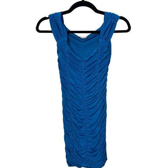 ZARA Ruched Small Royal Blue Sleeveless Dress Deep V-Neck - Picture 5 of 14